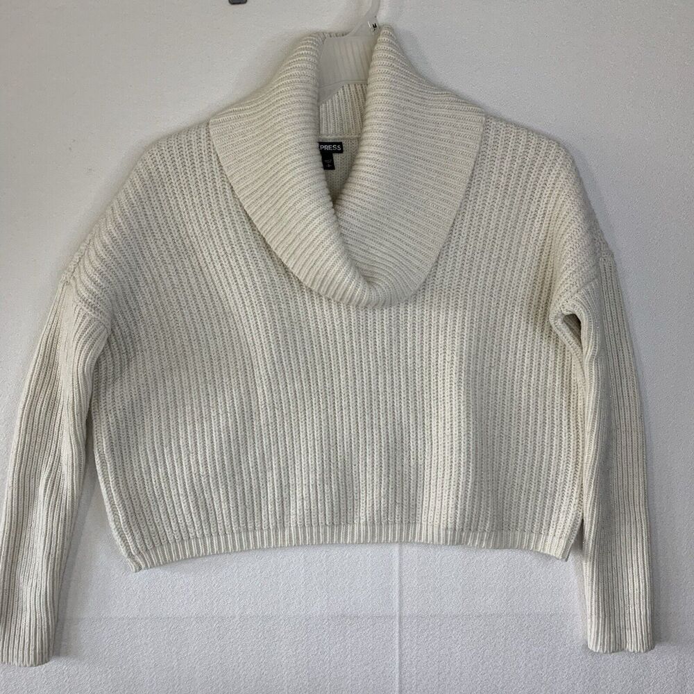 Express Cowl Neck Sweater Small Cropped Cozy Y2K Fisherman Rib Knit Shimmer Warm
